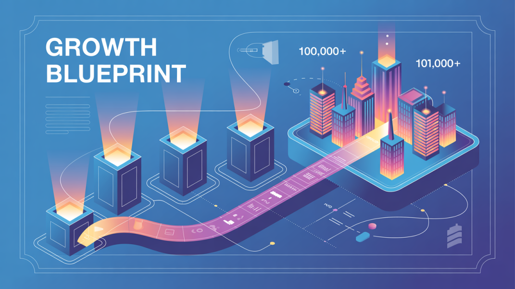 An illustration of a blueprint with four pillars representing a growth formula, with a path leading to a digital city with 100,000+ followers, representing a guide to rapid growth.