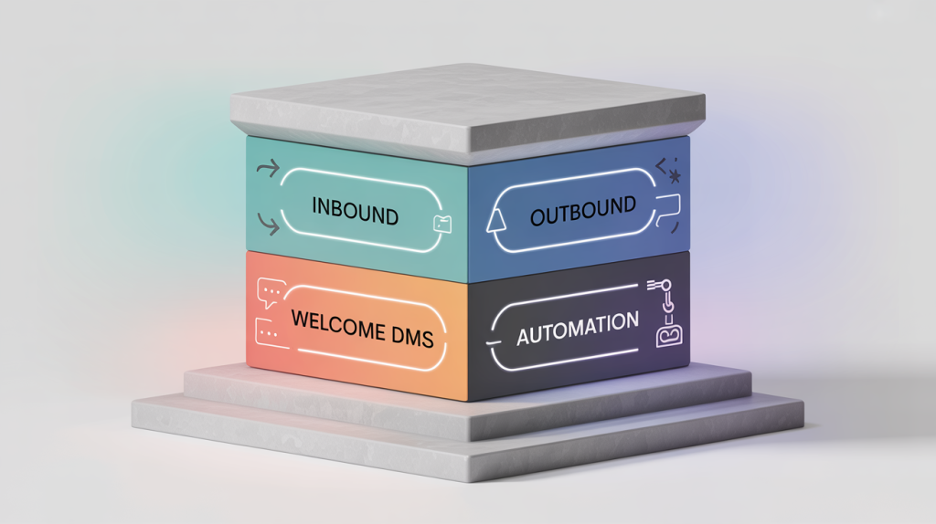 An illustration of a four-sided pillar with labels for Inbound, Outbound, Welcome DMs, and Automation, representing a complete engagement strategy.