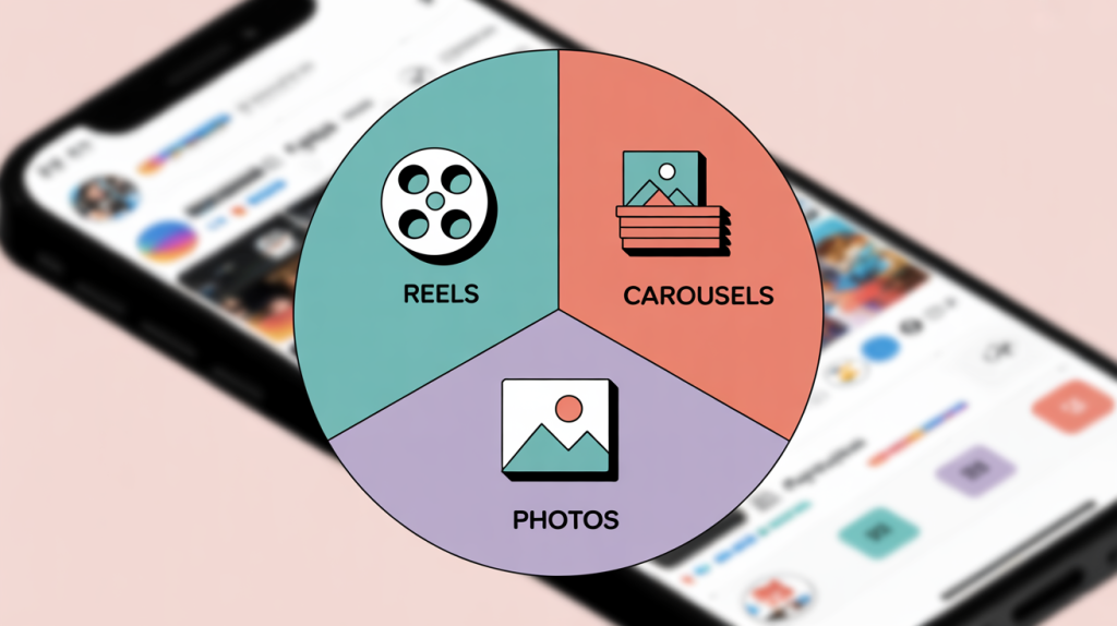 An illustration of a pie chart with sections for Reels, Carousels, and Photos, representing the 40/30/20 post strategy.