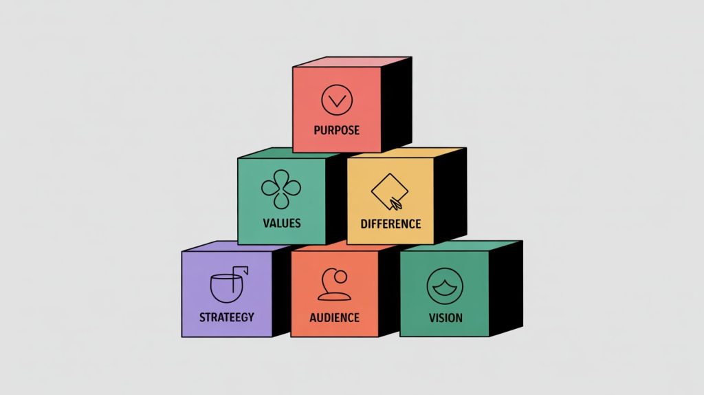 An illustration of a five-step building block structure with icons for purpose, values, difference, audience, and vision, representing a brand strategy.