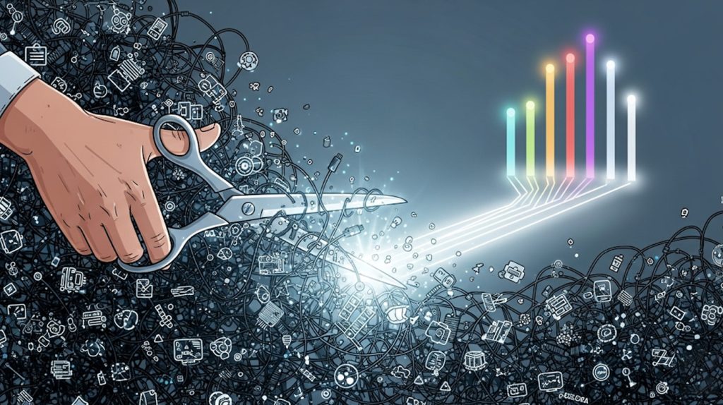 An illustration of a hand cutting through a tangled mess of wires to reveal seven clear pillars, symbolizing a guide that cuts through the noise of conflicting advice.