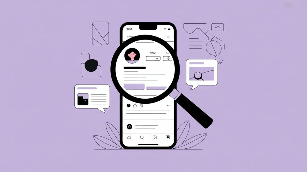 A digital illustration of a large magnifying glass examining a smartphone screen with an Instagram profile, highlighting areas for improvement, to represent a strategic audit for growth.