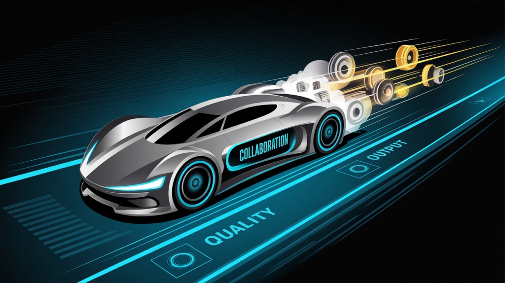 An illustration of a futuristic race car speeding along a track, with icons for quality and output on the track, representing the acceleration stage of growth.