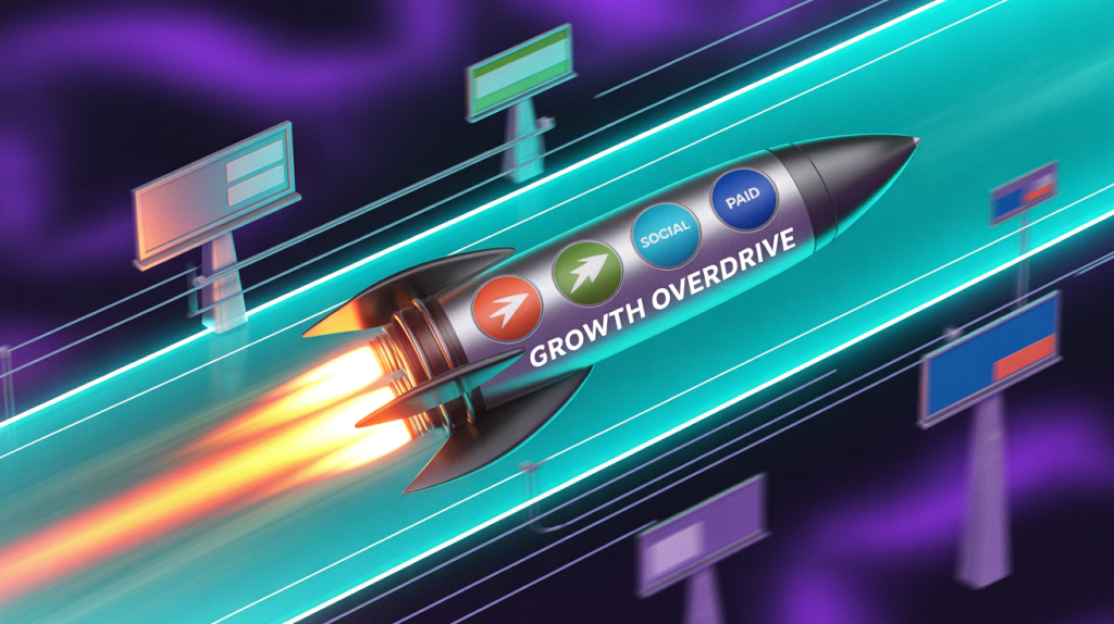 An illustration of a futuristic rocket speeding along a track with icons for social and paid strategies, representing the acceleration stage of customer acquisition.