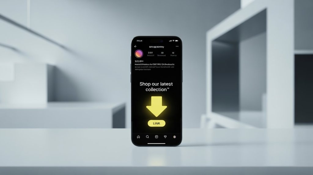 An illustration of a smartphone screen with the fourth line of an Instagram bio highlighted, showing a call-to-action and a glowing arrow emoji pointing to the link below.