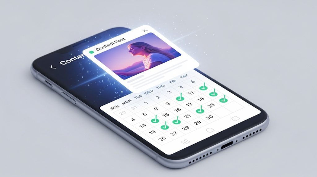 An illustration of a high-value Instagram post next to a consistent calendar, symbolizing a strategic action plan focused on content and consistency.