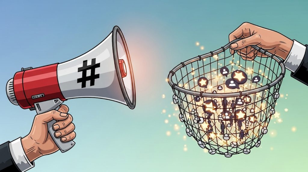 An illustration of a person's hands holding a megaphone with a hashtag and a net with people icons, symbolizing the actionable tactics of using hashtags and engaging with an audience.