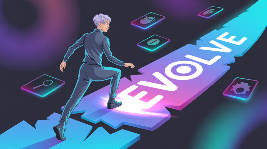 An illustration of a figure confidently stepping onto a new digital path, leaving a broken path behind, representing a new Instagram growth strategy.
