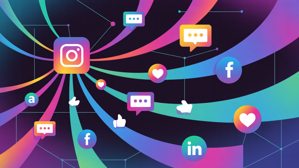 An illustration of a central "IG Post" icon with lines flowing to icons for Facebook, LinkedIn, and Quora, representing the amplification of written content.