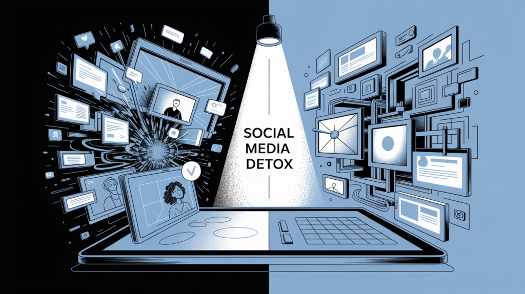 An illustration of a two-part scene, with a chaotic mess on one side and a clear blueprint on the other, representing the antidote to the social media loop.