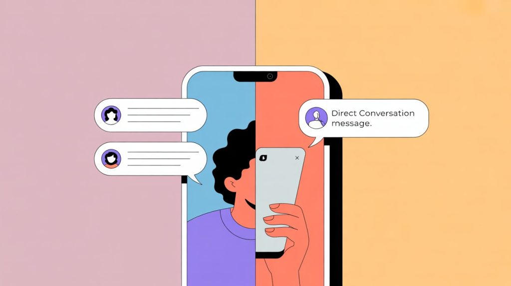 A split illustration of a smartphone screen showing a person replying to comments and a direct message, representing the art of conversation.