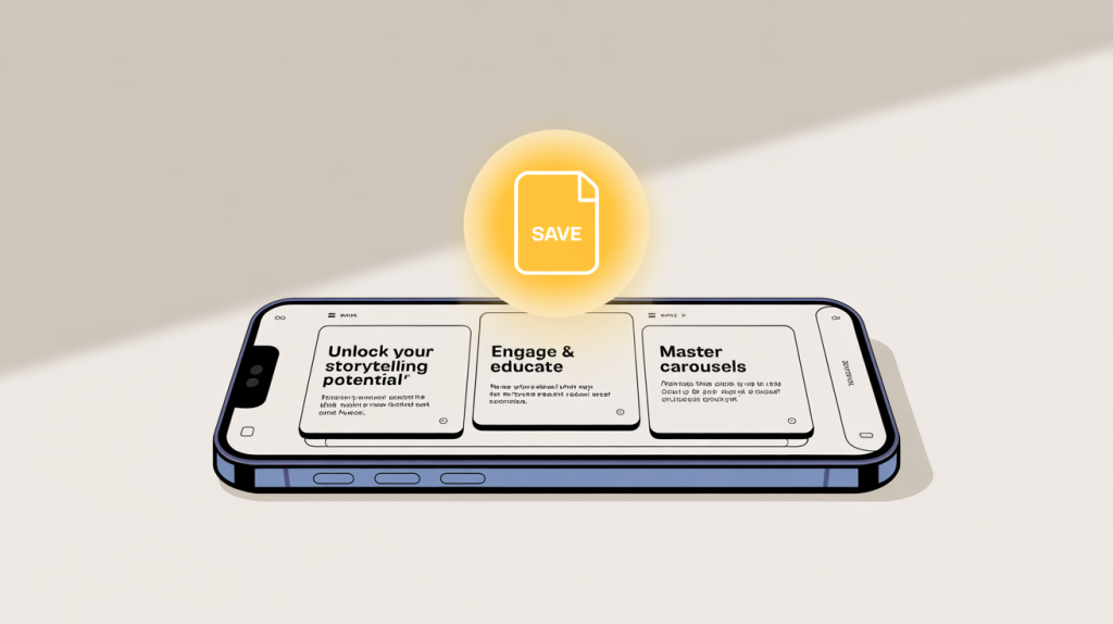 An illustration of a smartphone screen with a multi-slide carousel and a glowing save icon, representing mastering carousels for storytelling and education.