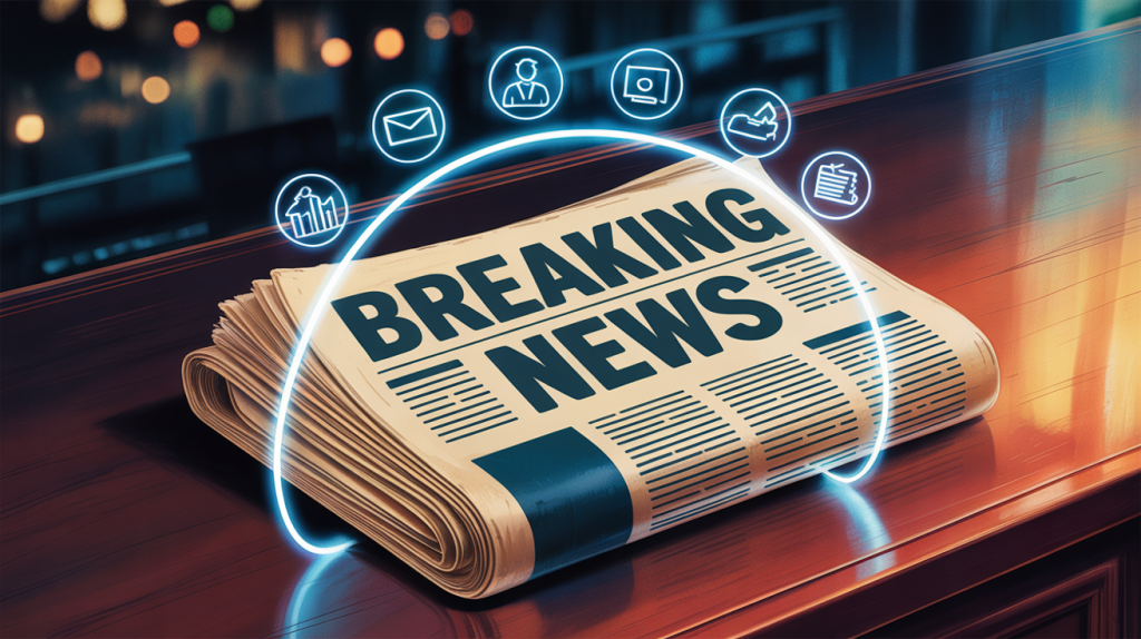An illustration of a newspaper with glowing breaking news icons around it, representing the authority of current news.