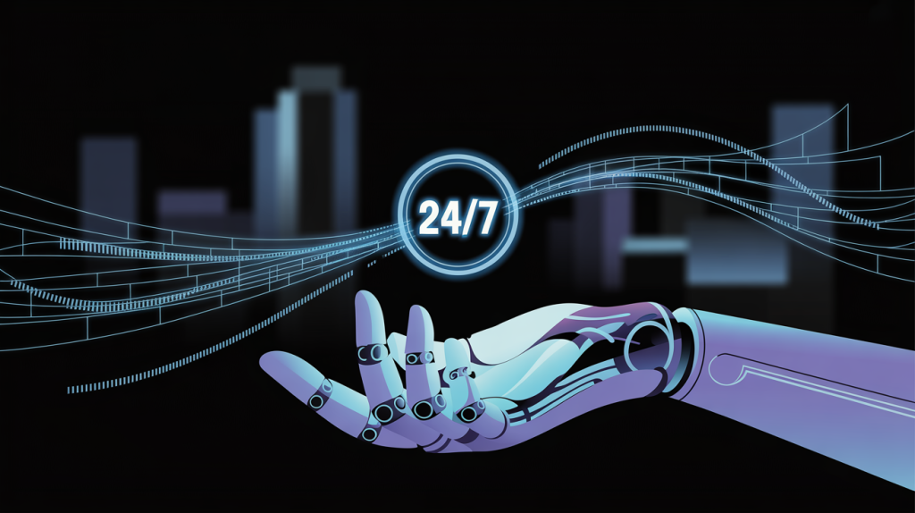 An illustration of a robotic hand sending messages, with a subtle "24/7" symbol, representing the Automation strategy.
