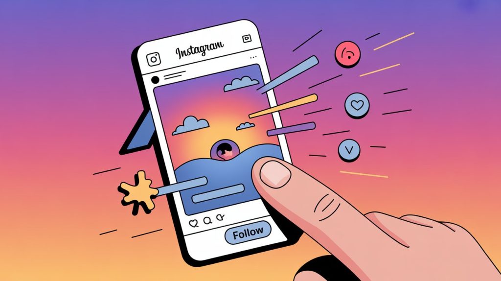 An illustration of a finger rapidly scrolling down an Instagram feed, with a glowing "Follow" button at the bottom, to represent a content feed that encourages binge-scrolling.