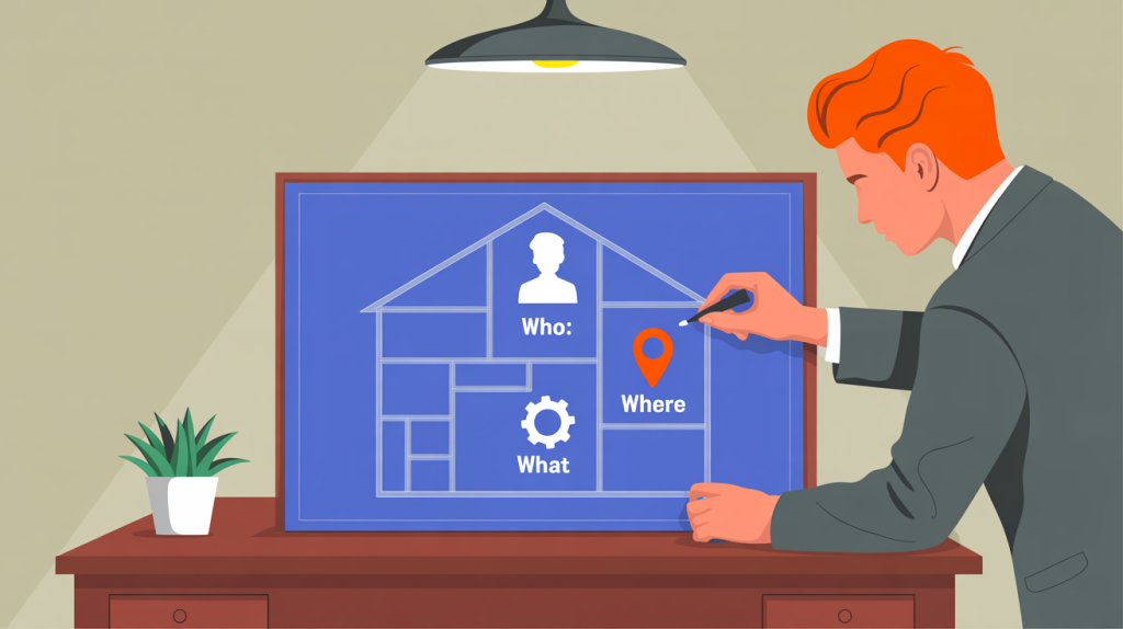 An illustration of an empty house frame with a figure adding icons for "who," "what," and "where" to a blueprint, representing the creation of a strategy.