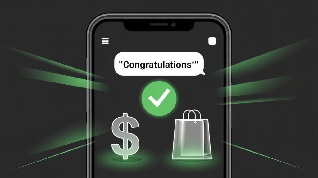 An illustration of a smartphone screen with a Direct Message interface, with glowing icons for a dollar sign and a shopping bag, representing the bottom of the funnel.