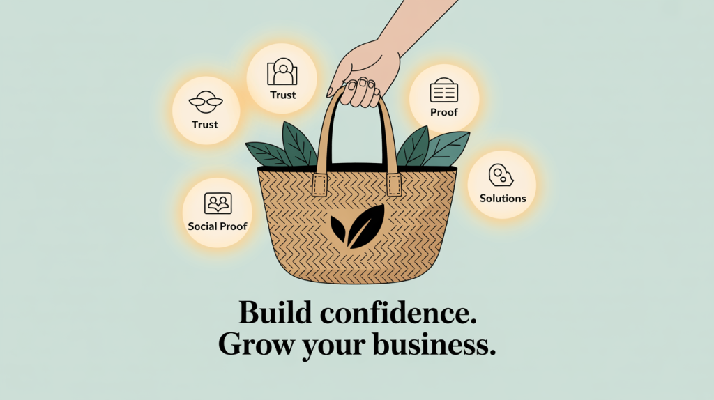 An illustration of a hand holding a shopping bag, with icons for trust, social proof, and solutions, representing why people buy from an account.