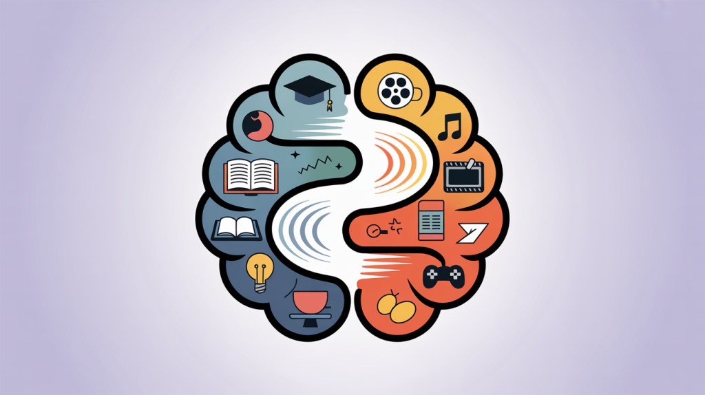 An illustration of a split brain, with one side representing educational content and the other representing entertaining content, and both sides flowing into a single content icon.