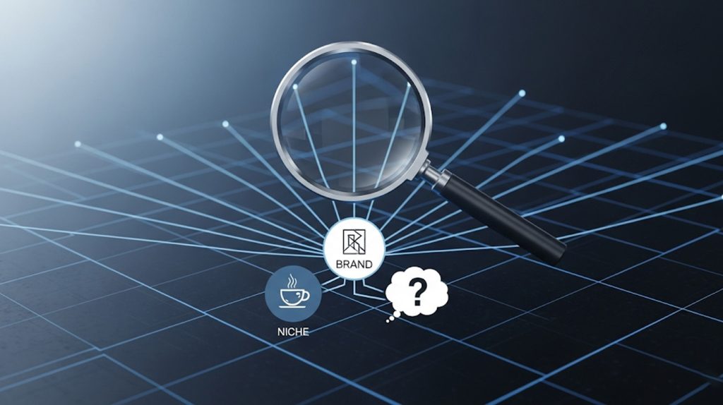 An illustration of a magnifying glass focusing on icons for a brand, a niche, and an audience's questions, symbolizing the importance of a laser-focused hashtag strategy.