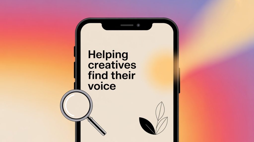 An illustration of a smartphone screen with the first line of an Instagram bio highlighted, featuring text about who the account helps and a magnifying glass icon, representing clarity.
