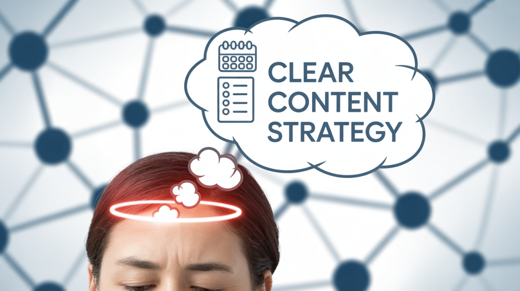An illustration of a figure with a new, clear thought bubble replacing a chaotic one, with icons for a calendar and a checklist, representing a clear content strategy.