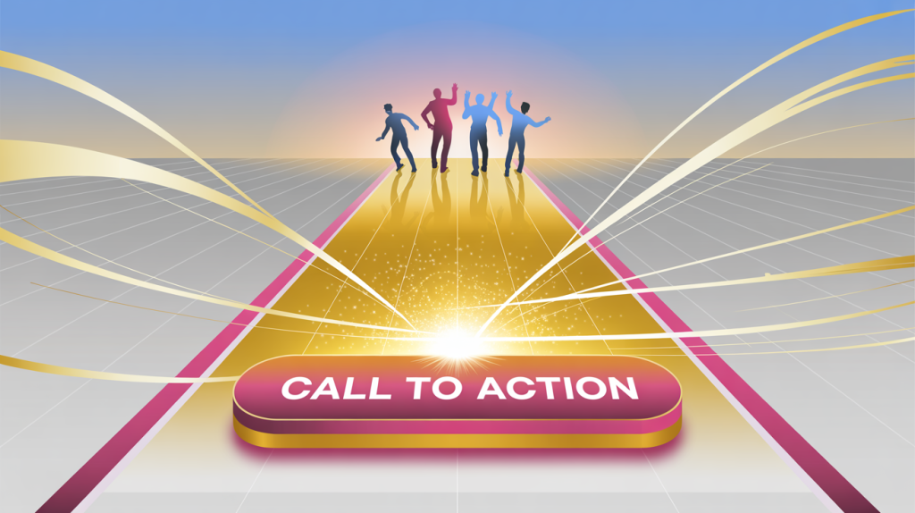 An illustration of a finish line with a glowing "Call to Action" button at the end, with lines flowing to a series of figures, representing the final push of a carousel.