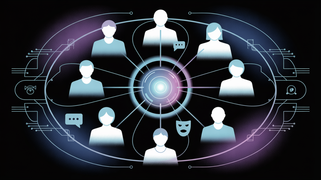 An illustration of a digital network with glowing lines flowing between figures, representing the role of engagement and entertainment pillars as connectors.