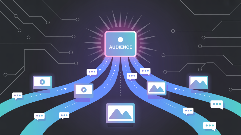 An illustration of a digital network with glowing lines flowing from icons for Reels, Carousels, and Stories to an audience icon, representing the role of content in building a community.
