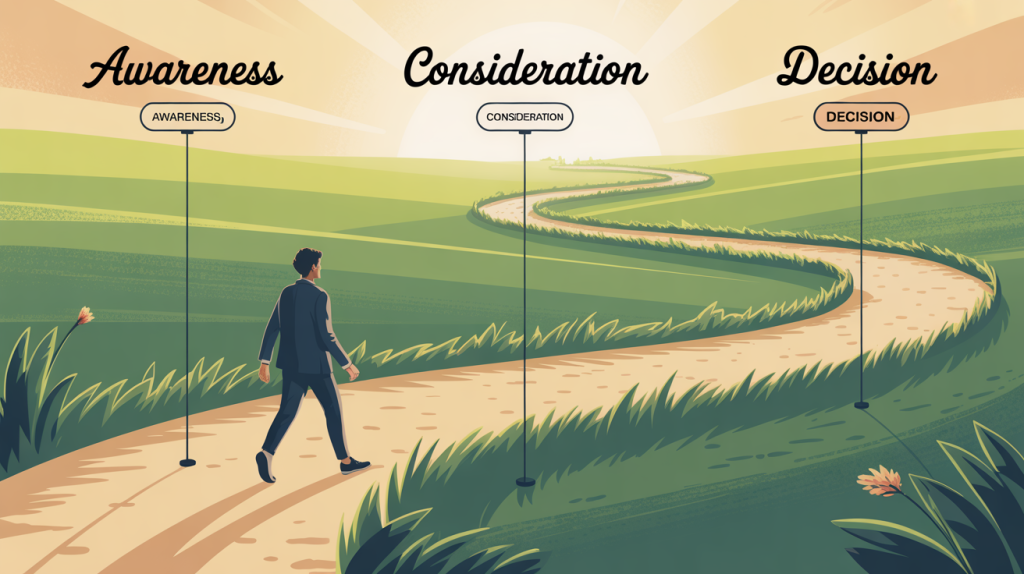 An illustration of a clear path with three distinct stages labeled Awareness, Consideration, and Decision, representing the customer journey.