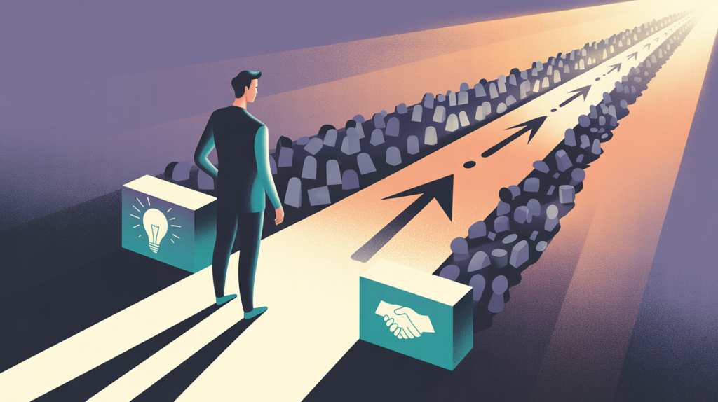 An illustration of a figure at a fork in the road, choosing a path with icons for a book and a lightbulb over a chaotic path, representing the shift from short-form to valuable content.