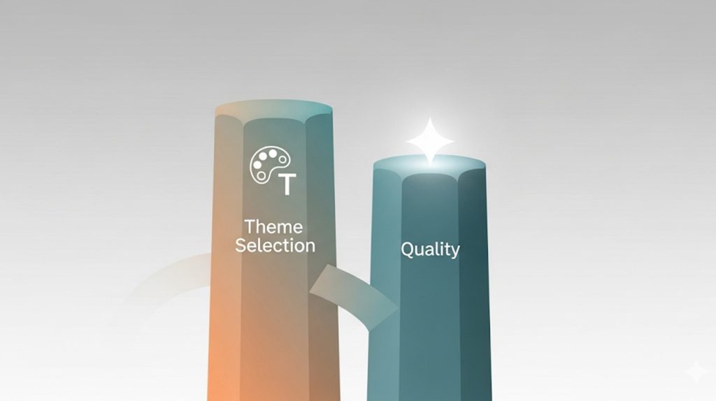 An illustration of two pillars with icons for theme and quality, representing a content strategy built on consistency and high standards.