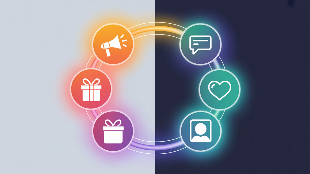 An illustration of a digital network with icons for promotion on one side and engagement on the other, representing the conversion and community loop.