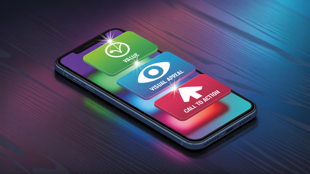 An illustration of a smartphone screen with layered icons for value, visual, and a call to action, representing the core content of a post.
