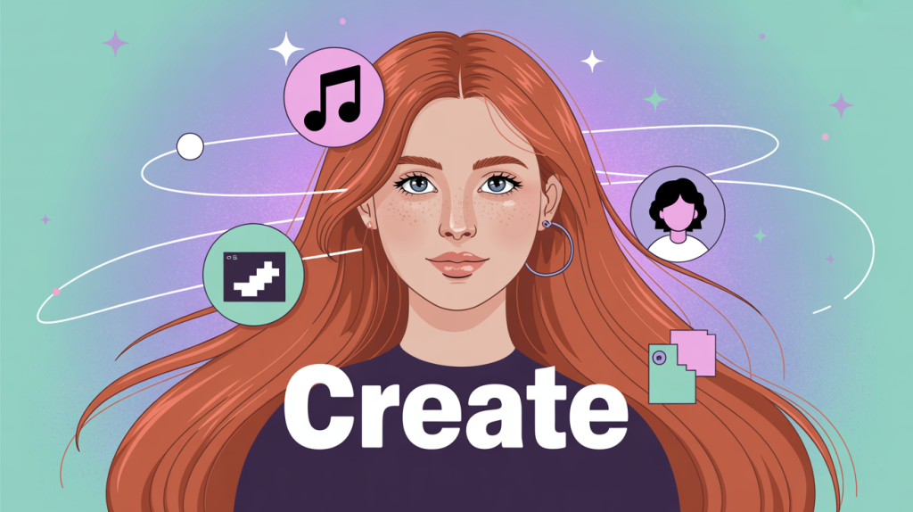 An illustration of a figure with various icons like a music note, a GIF, and an avatar flying around it, representing how creative features boost relatability.
