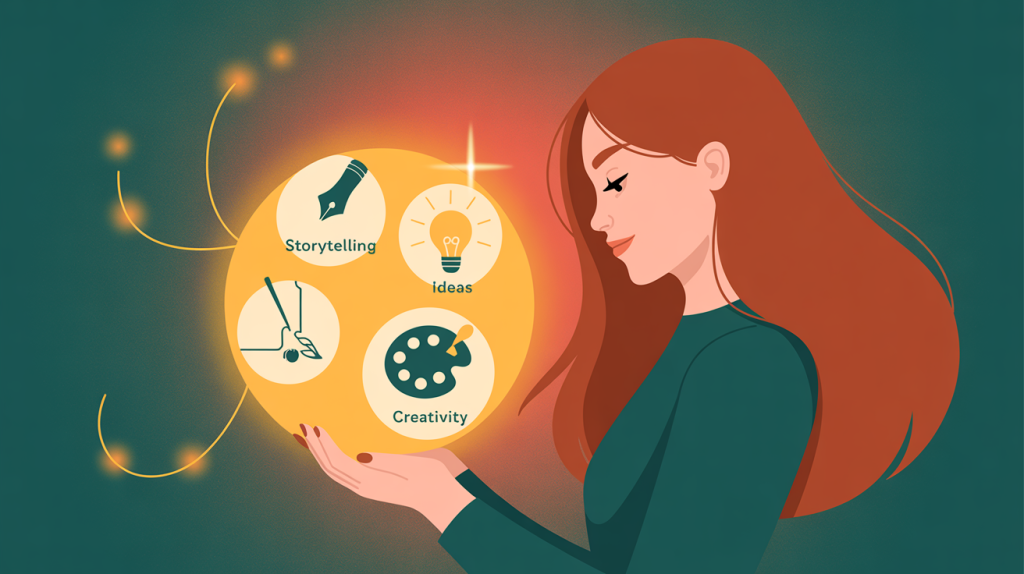 An illustration of a person holding a glowing orb with icons for ideas, creativity, and storytelling, representing creative skills.