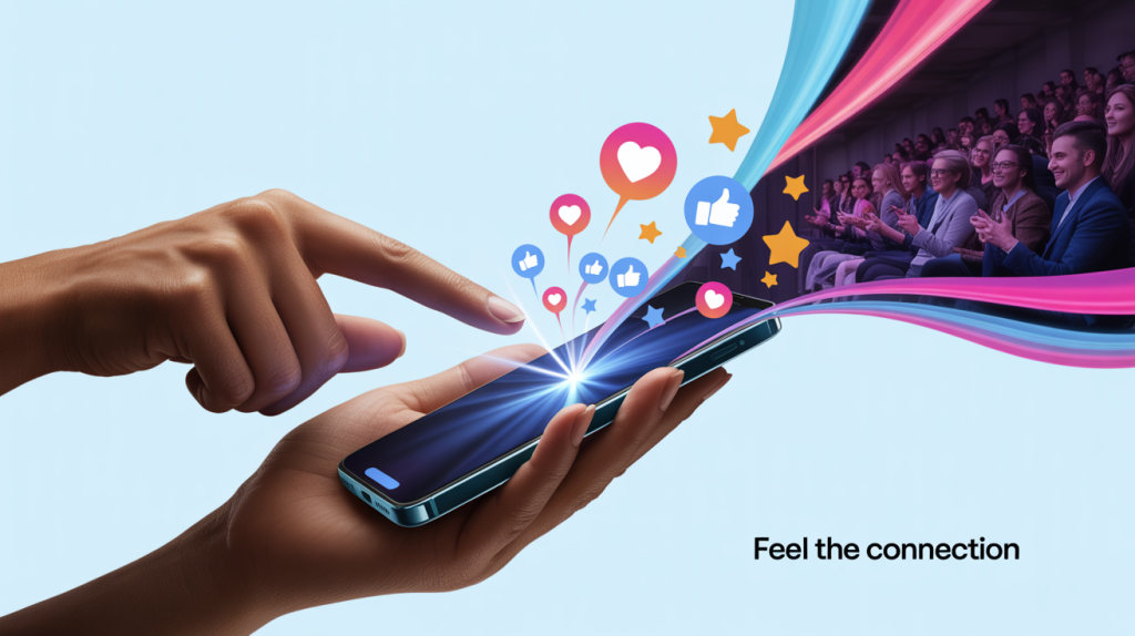 An illustration of a hand double-tapping on a phone screen, with like icons exploding from it, representing the currency of attention.