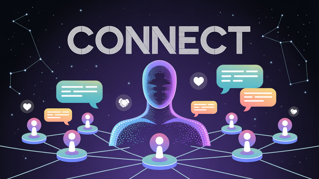 An illustration of a digital network with glowing chat bubbles flowing between figures, representing the building of a community.
