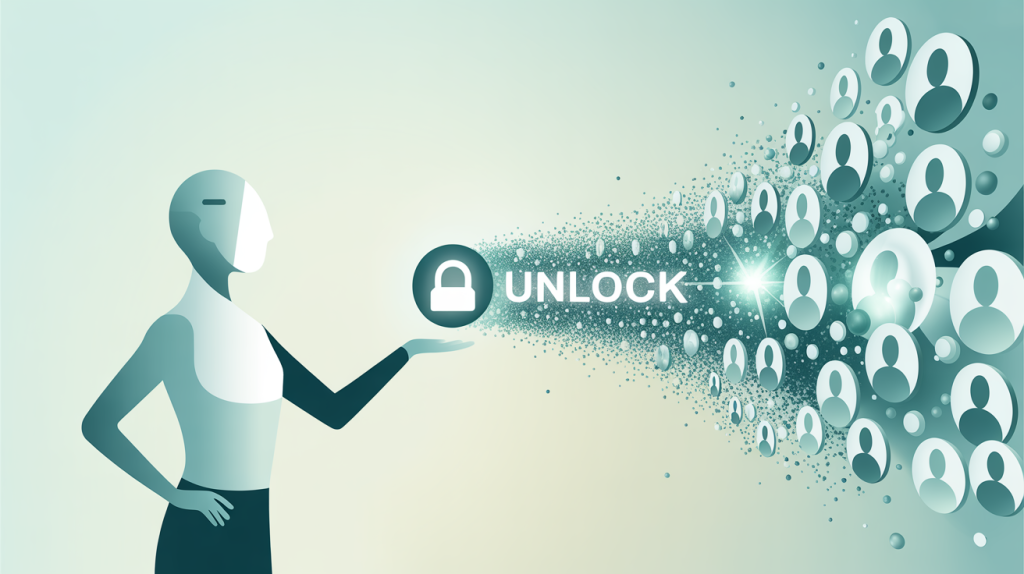 An illustration of a figure throwing a glowing content icon that is multiplying and flowing to a large audience, representing the currency of reach.