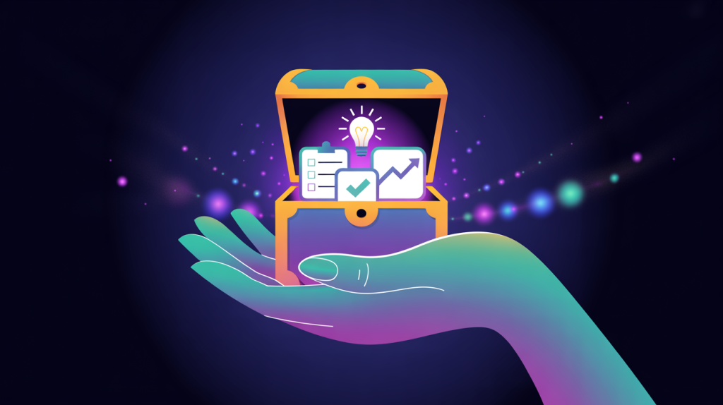 An illustration of a hand holding a treasure chest with icons for a lightbulb and a checklist inside, representing the currency of value.