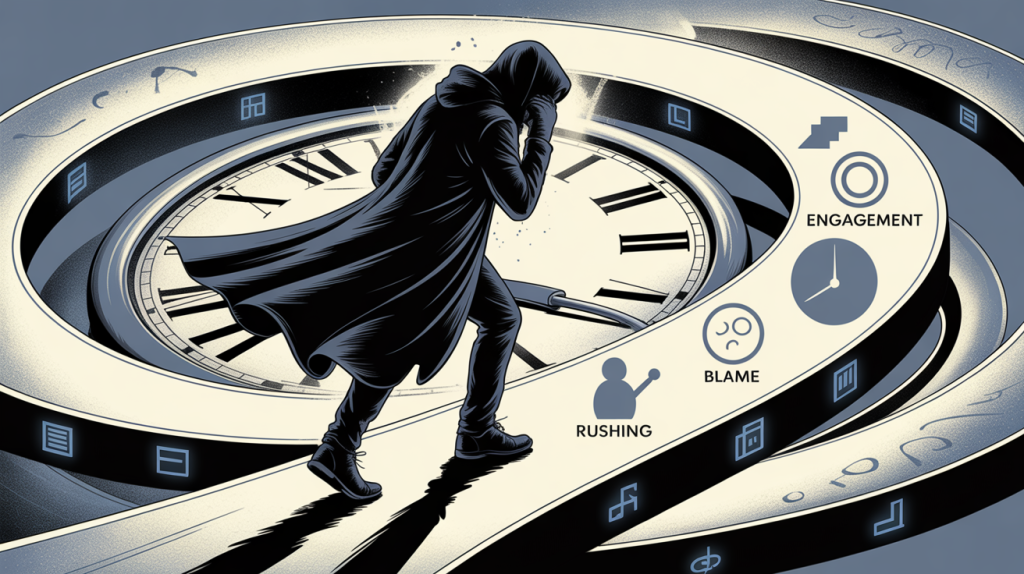 An illustration of a figure trapped in a loop with icons for low engagement, blame, and rushing, representing the cycle of frustration.