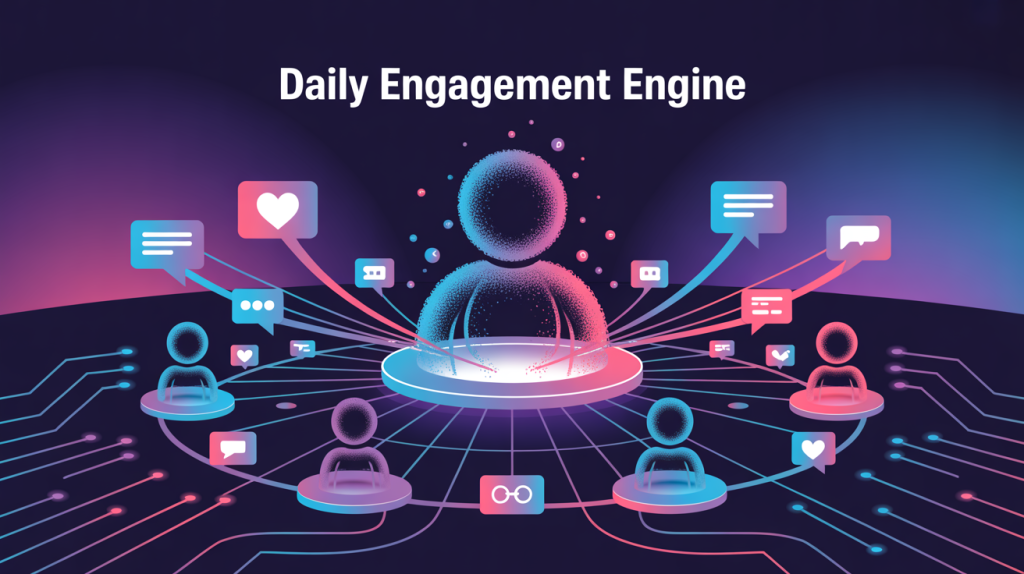 An illustration of a digital network with glowing lines flowing between figures, filled with engagement icons, representing the daily engagement engine.