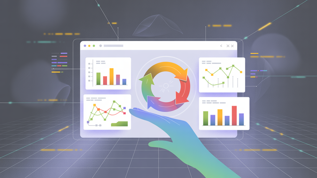 An illustration of a digital dashboard with graphs and a feedback loop arrow, with a hand manipulating the data, representing how data insights are used to inform strategy.