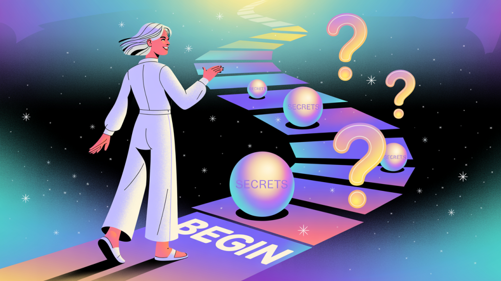 An illustration of a figure at the beginning of a glowing path, with question marks and secret icons in the air, representing hooks that create curiosity and directness.