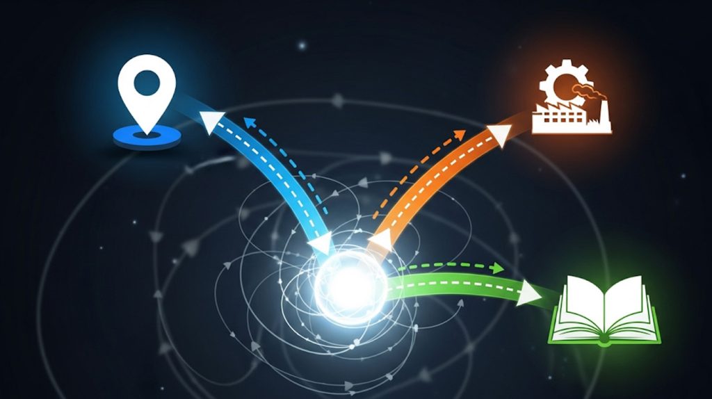 A dynamic illustration of a central point with three radiating paths leading to icons for location, industry, and a specific topic, representing how these hashtags help with discovery and context.
