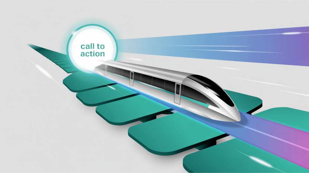 An illustration of a train moving past a call-to-action button at the end of a track, then stopping on the same button when it moves to the middle, representing the shift to an early CTA.