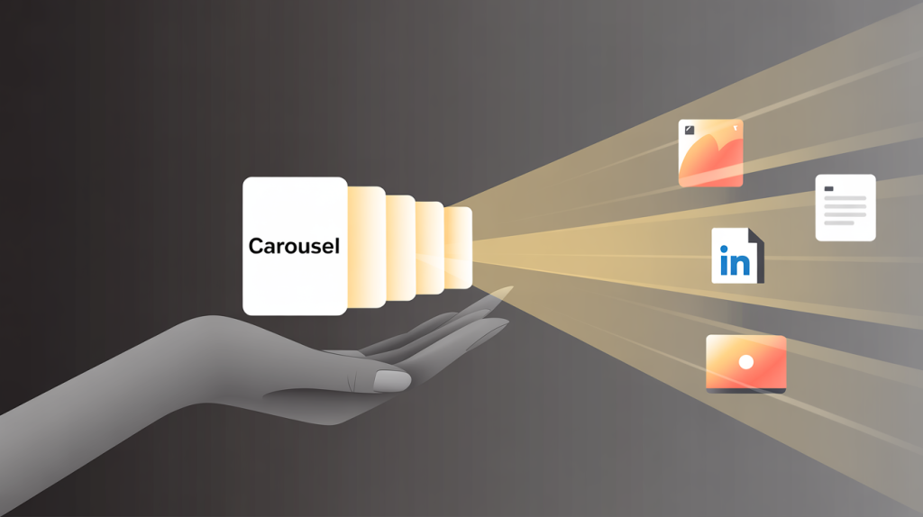 An illustration of a hand pulling icons for single posts and a LinkedIn PDF from a carousel icon, representing the repurposing of carousels.
