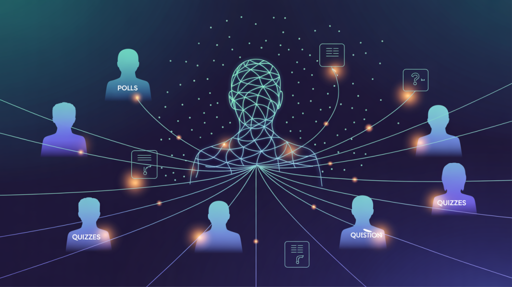 An illustration of a figure with lines flowing to a network of other figures, with icons for polls, quizzes, and questions, representing how these features build a community.