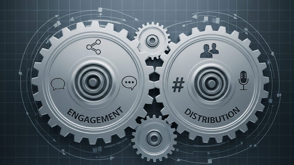 An illustration of two interlocking gears labeled "Engagement" and "Distribution," symbolizing how these two aspects of a content strategy work together to boost a post's reach.