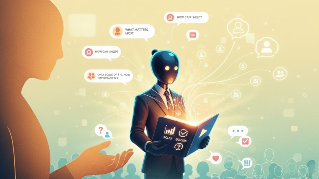 A wide illustration of a stylized figure holding an open playbook with glowing icons for polls, quizzes, and questions, emitting thought bubbles that connect with a diverse audience, representing a guide to Instagram engagement.